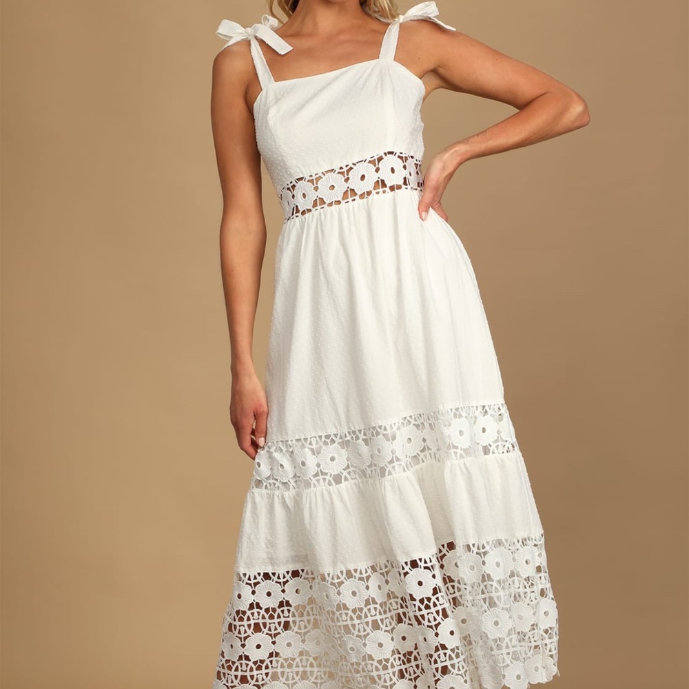 White Swiss Dot and Lace Tie-Strap Midi Dress